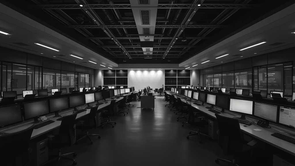 Editorial photograph of a modern newsroom at night