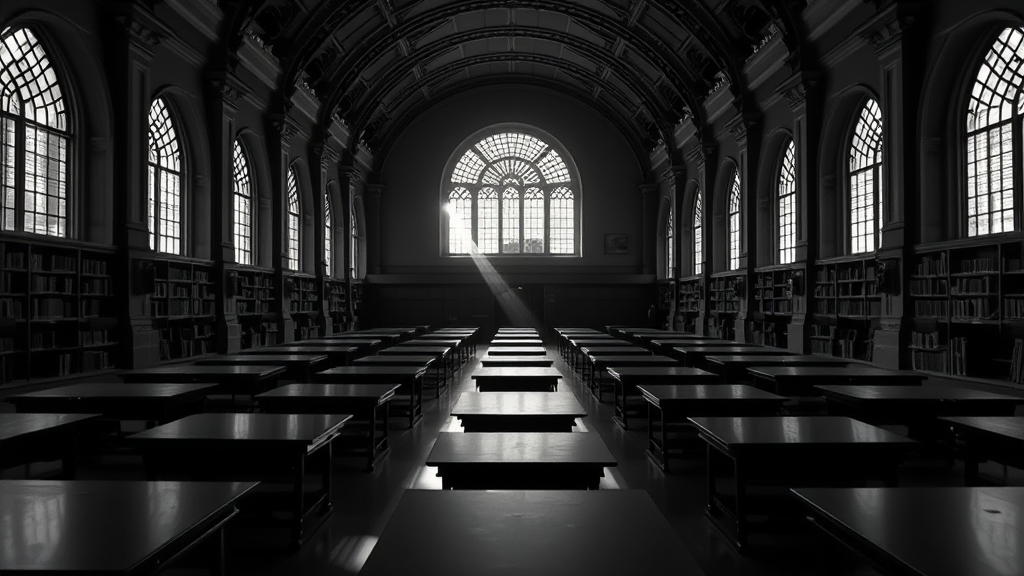 Monochrome photograph of a university library reading room